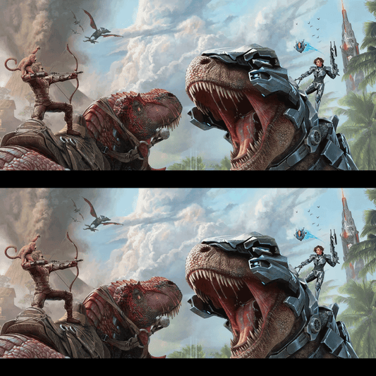 The cover of ARK: Survival Ascended depicts two powerful dinosaurs locked in a fierce battle, each mounted by a warrior