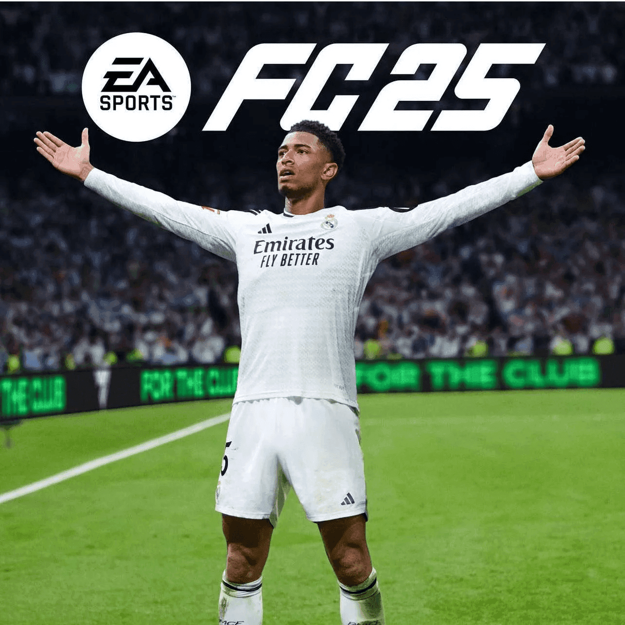 The "EA Sports FC 25" cover features Jude Bellingham in a Real Madrid kit, arms raised triumphantly. The packed stadium and bright lights