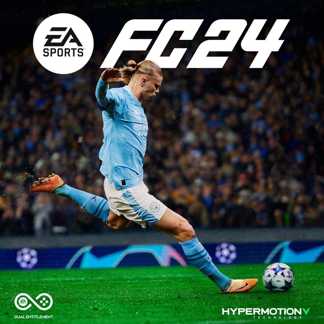 The "EA Sports FC 24" cover features Erling Haaland mid-strike in a Manchester City kit, with the ball flying toward the goal