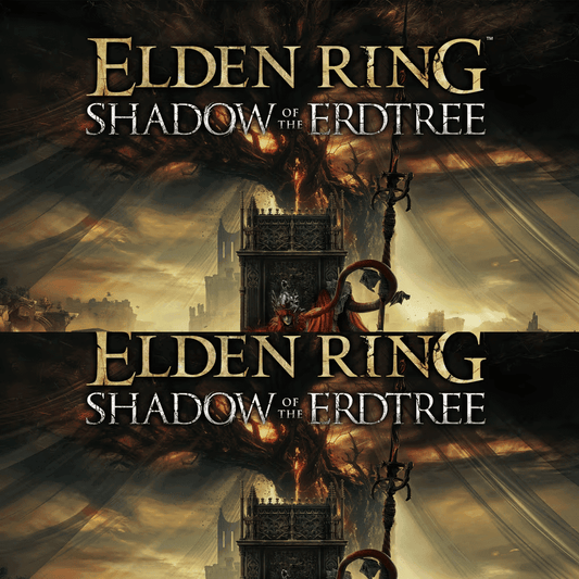 The "Elden Ring: Shadow of the Erdtree" cover shows a central character in red on a throne beneath a decaying Erdtree, amid shadows and destruction