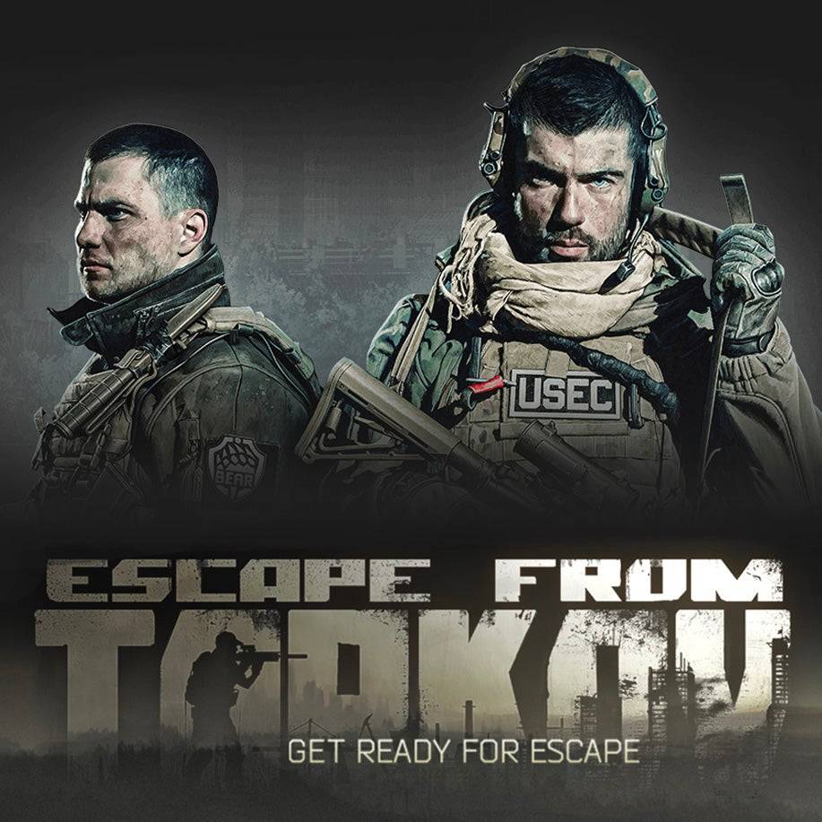 The "Escape from Tarkov" cover features two hardened soldiers in tactical gear with stern expressions. The dark background and battle-worn armor