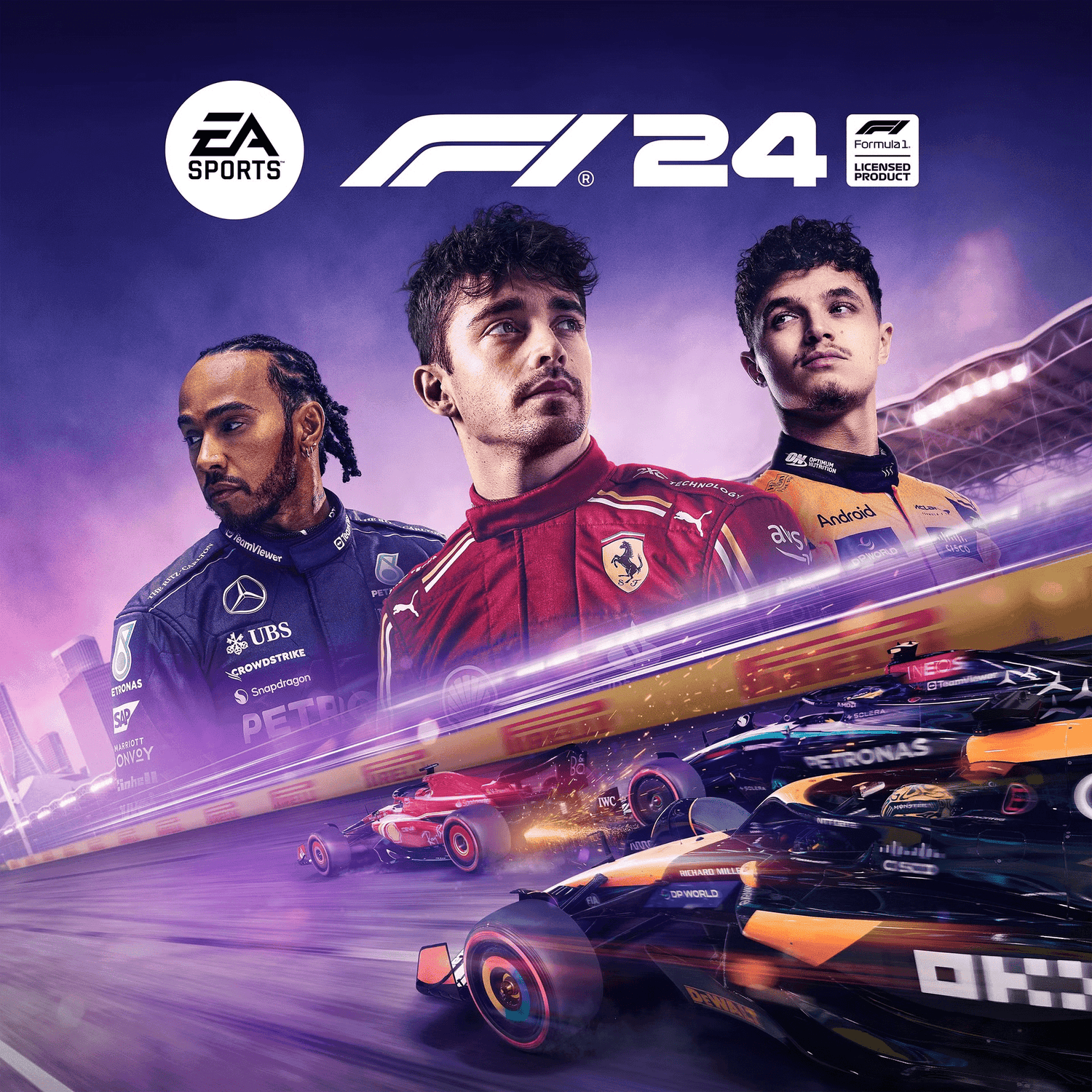 The F1 24 cover features Lewis Hamilton, Charles Leclerc, and Lando Norris against a vibrant purple backdrop. Below, F1 cars race in motion blur along a dynamic track