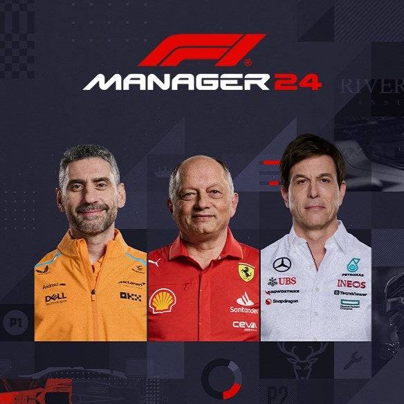 The F1 Manager 2024 cover features team principals Andrea Stella, Frédéric Vasseur, and Toto Wolff against a backdrop of technical schematics and racing elements