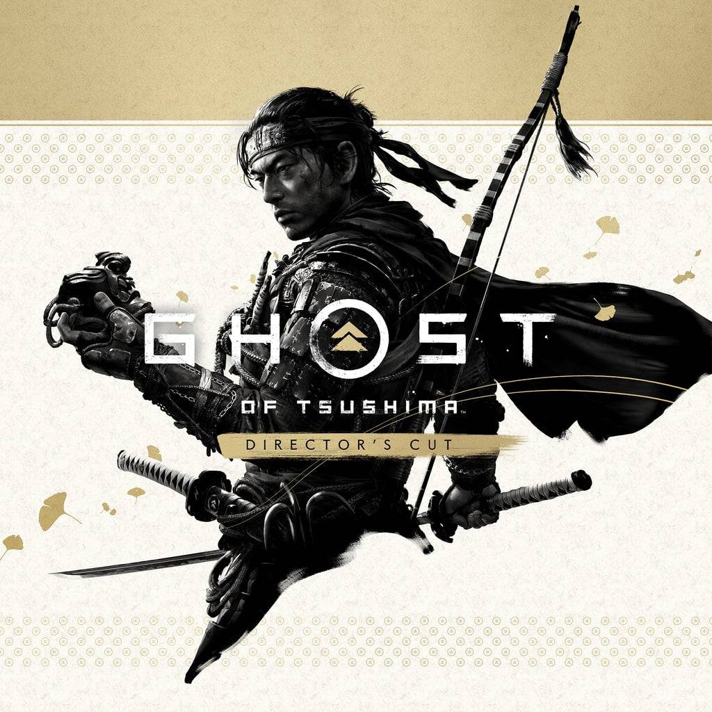 The cover features Jin Sakai in samurai armor with a katana and grappling hook. The black-and-white palette with gold accents emphasizes historic settings and intense sword combat