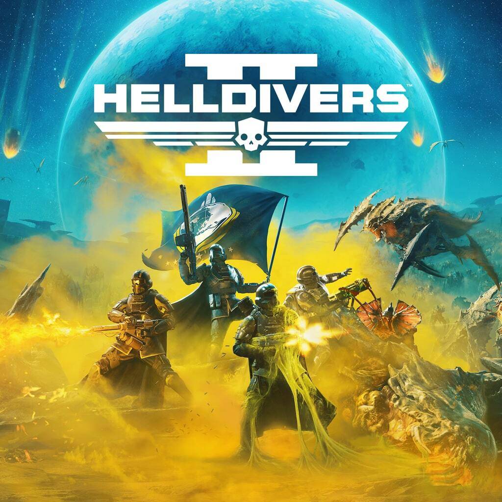 The Helldivers 2 cover shows a squad of armed soldiers fighting large alien creatures in a vibrant, war-torn setting, with explosions and a planet hinting at intergalactic conflict