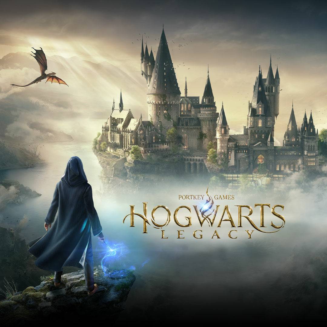 The Hogwarts Legacy cover shows a lone wizard in a blue cloak on a cliff, gazing at Hogwarts castle with a dragon soaring above, evoking mystery, magic, and adventure