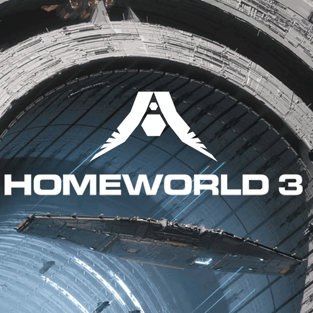 The Homeworld 3 cover showcases a colossal spacecraft in a vast circular structure, with intricate metallic designs and a sleek ship flying through, emphasizing massive space battles and exploration