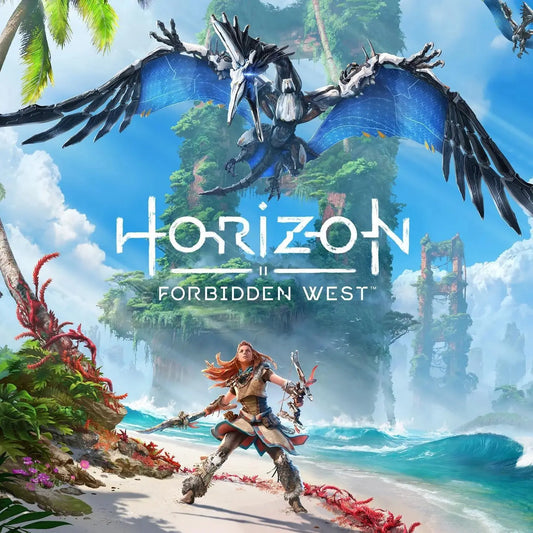 The Horizon Forbidden West cover shows Aloy on a beach with her bow and spear, facing a giant mechanical bird in a lush, post-apocalyptic world reclaimed by nature