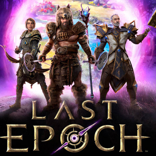 The Last Epoch cover features a warrior, mage, and rogue in vibrant pink and purple hues, each ready for battle, reflecting action-packed combat in a mystical fantasy realm