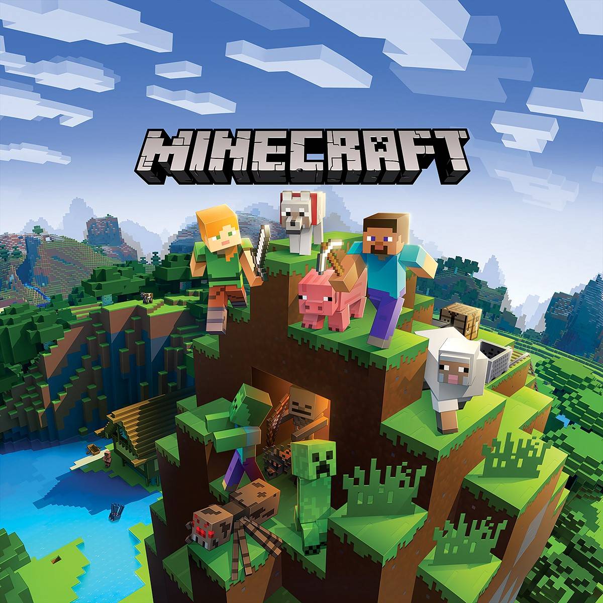 The "Minecraft" cover shows Steve, Alex, animals, and mobs on a grassy hill with caves, water, and lush landscapes; title in blocky font