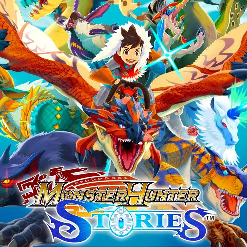 The Monster Hunter Stories cover bursts with color, featuring a young rider on a fierce dragon amid other fantastical creatures, highlighting the theme of battling and bonding with monsters