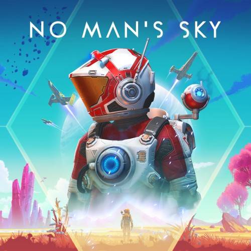 The No Man's Sky cover features a lone astronaut in a vibrant alien landscape with distant planets and a nearby spaceship, highlighting themes of space exploration and discovery