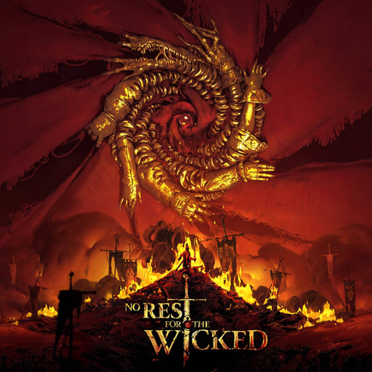 The No Rest for the Wicked cover features deep reds and golds, with clawed hands swirling above a fiery altar and a lone figure in the flames, evoking dark fantasy and epic battles