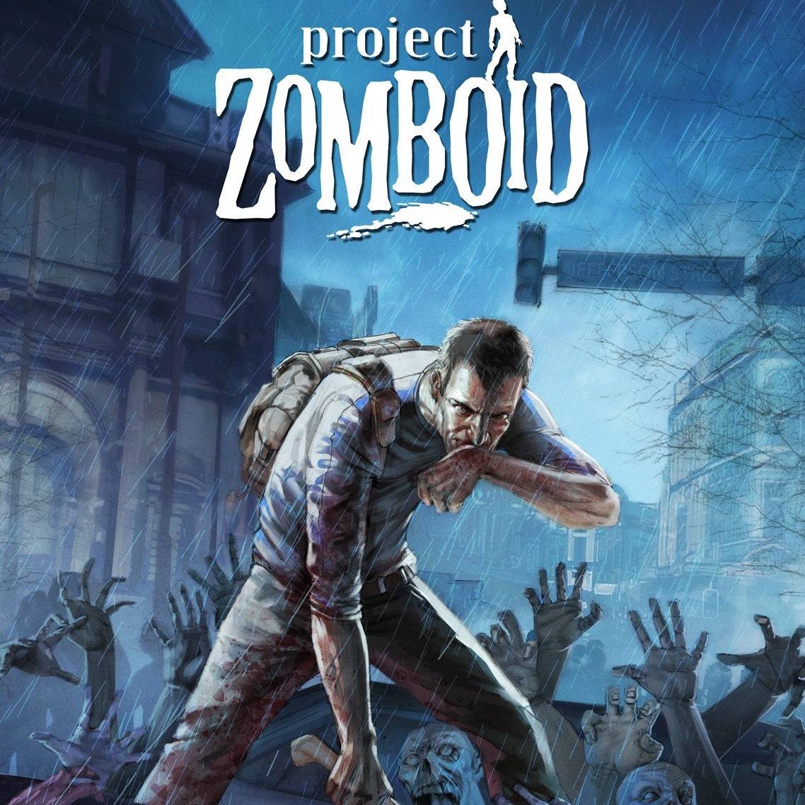 The "Project Zomboid" cover depicts a lone survivor fighting zombies in a rain-soaked, post-apocalyptic city, emphasizing brutal hand-to-hand combat