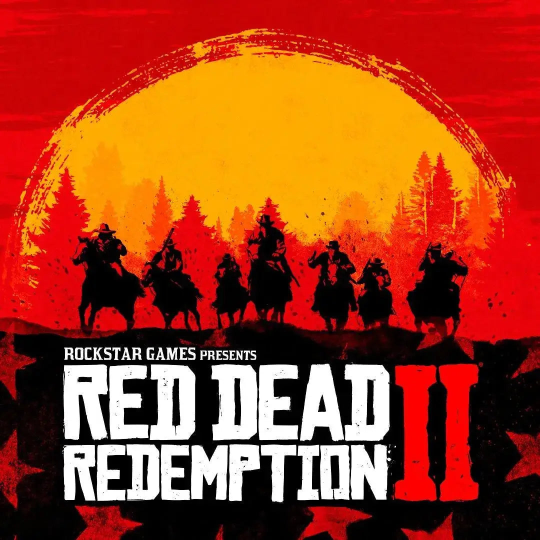 The "Red Dead Redemption 2" cover shows seven riders silhouetted against a fiery sunset, capturing the rugged, lawless nature of the Wild West