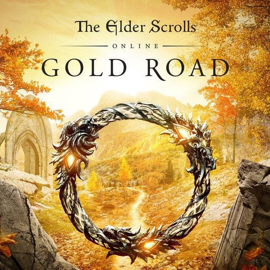 The "Elder Scrolls Online: Gold Road" cover shows a golden road in an autumn forest, with the Elder Scrolls ring symbolizing the epic journey ahead