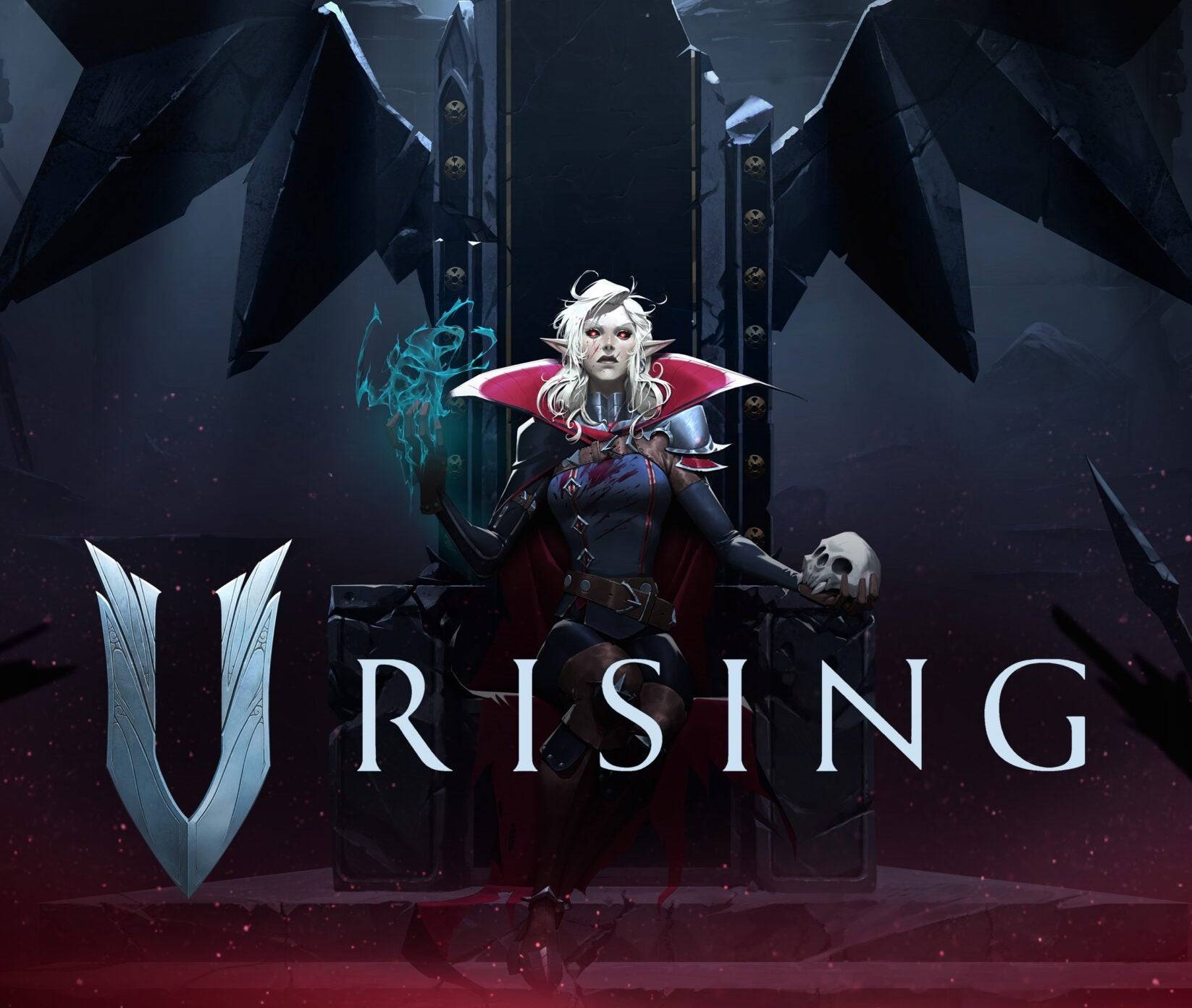 The "V Rising" cover shows a vampire before a dark castle, holding magical energy and a skull, highlighting the game's dark fantasy elements