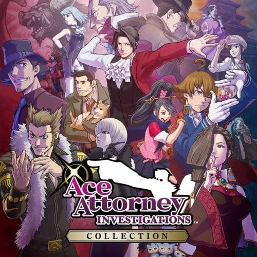 Ace Attorney Investigations Collection game cover with Edgeworth in the center, dynamic character poses, and a red-to-blue background