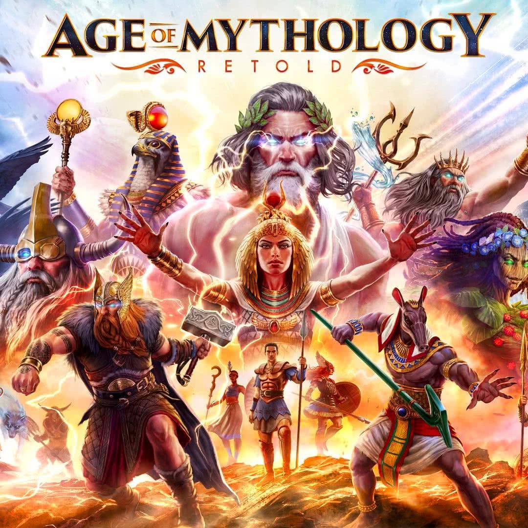 The Age of Mythology Retold game cover with Zeus, Ra, Thor, and others against a fiery backdrop, featuring bold golden title at the top