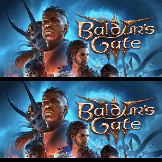 The Baldur’s Gate 3 cover showcases a diverse group of adventurers standing against a backdrop of mystical creatures and fiery landscapes.