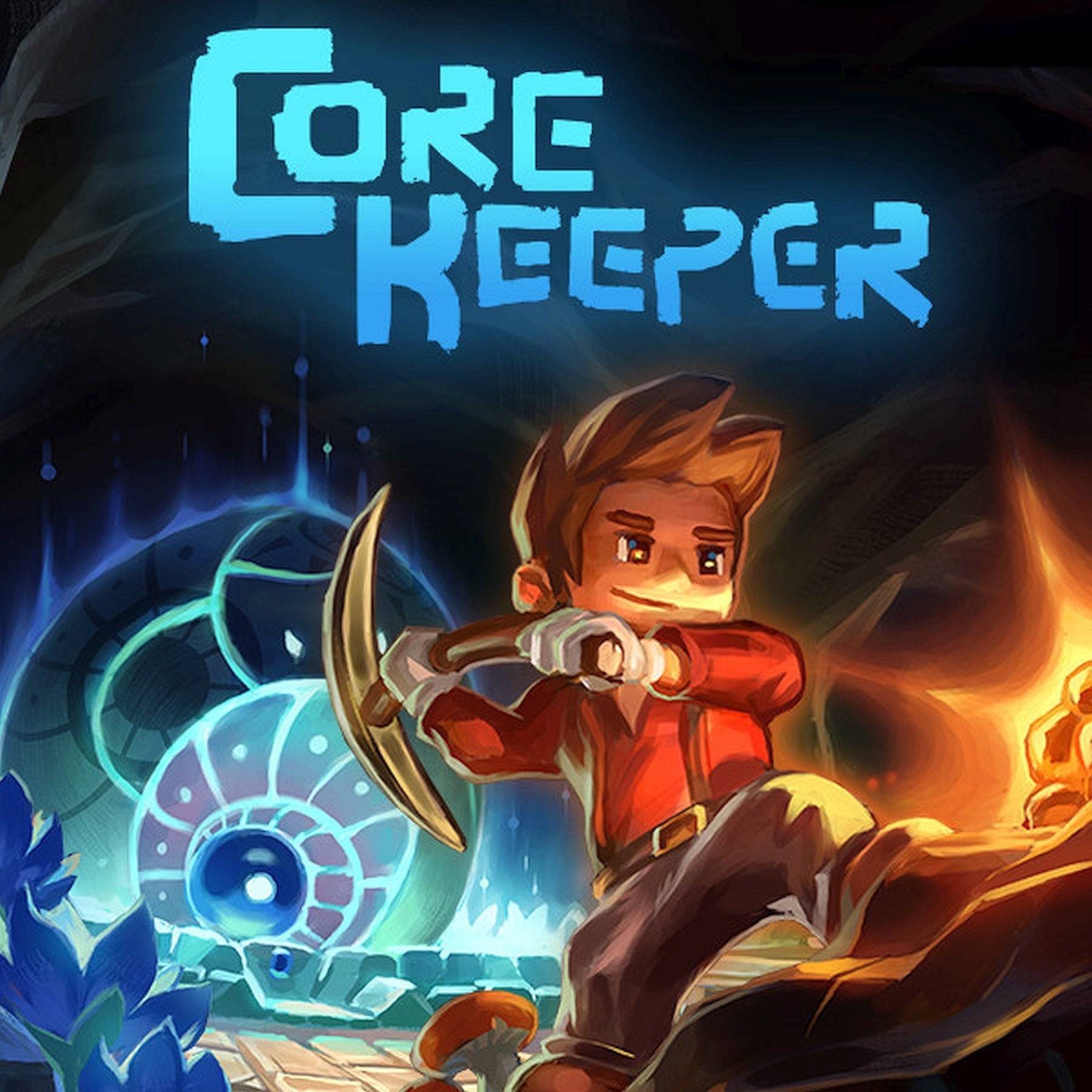 The "Core Keeper" cover shows a pixelated adventurer with a pickaxe, set against a glowing underground world filled with mystery and adventure