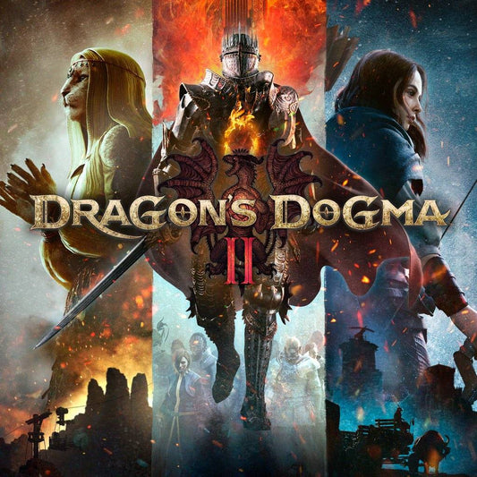 The "Dragon’s Dogma 2" cover features a majestic female figure, a towering knight in flame-lit armor, and a determined warrior