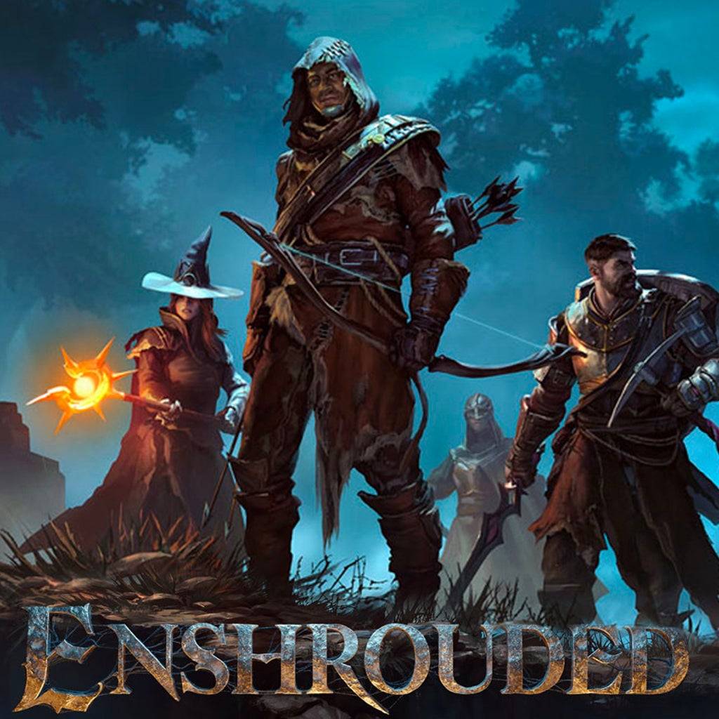 The "Enshrouded" cover shows adventurers in a dark forest, armed with bows, swords, and magical staffs. The lead sorcerer’s glowing staff lights up the shadowy backdrop