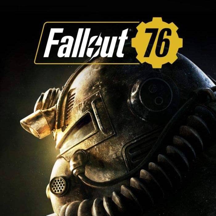 The Fallout 76 cover features a lone Brotherhood of Steel power armor helmet in shadows with dim lighting. The rugged design and bold yellow “76”