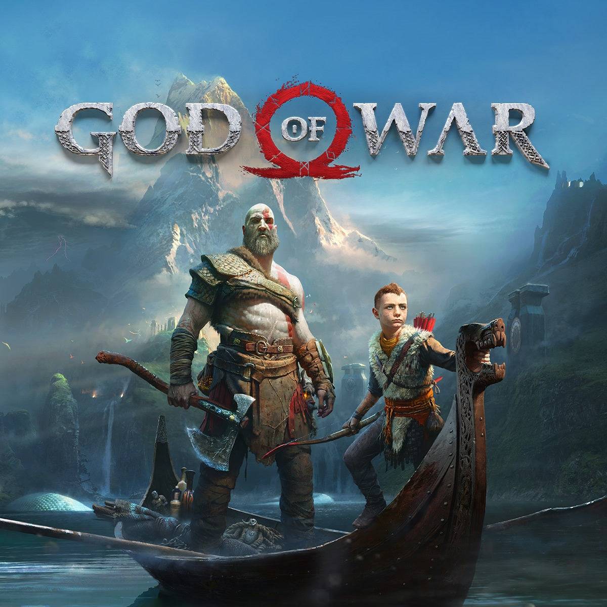 Kratos and Atreus stand heroically on a boat in Midgard, with snow-capped mountains and ancient ruins behind them. Kratos' red tattoo and ax, along with Atreus' bow