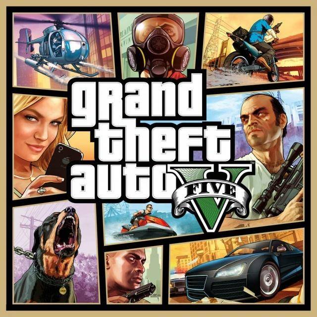 The Grand Theft Auto V cover shows a collage of action-packed scenes with Trevor, Michael, and Franklin in heists, car chases, and explosions