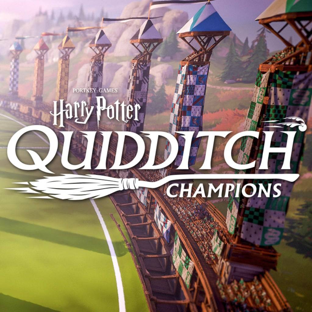 Harry Potter Quidditch Champions game cover with players on brooms, tall goalposts, house banners, and the title underlined by a broom graphic