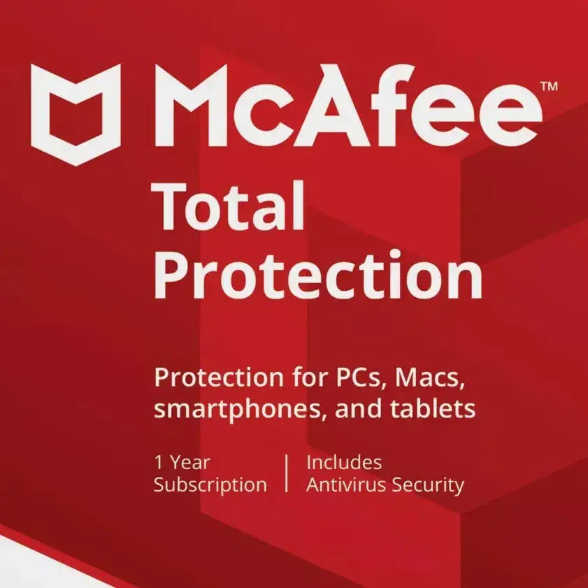 McAfee Total Protection cover with red background, showing protection for PCs, Macs, smartphones, tablets. 1-year subscription included