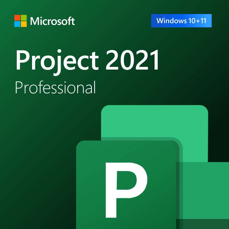 The Microsoft Project 2021 Professional cover has a green background, Microsoft logo, W and a green "P" logo