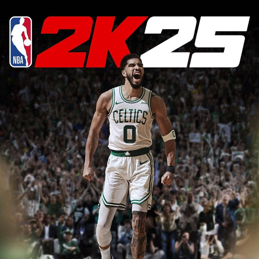 The "NBA 2K25" cover features Jayson Tatum in his Celtics jersey number 0, posing in front of a packed stadium with cheering fans, title at the top