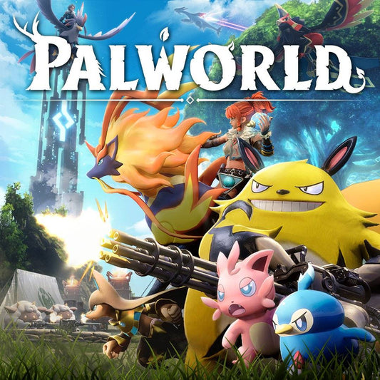 The Palworld cover showcases colorful creatures and a large yellow one with a machine gun, hinting at the game’s mix of combat and creature management