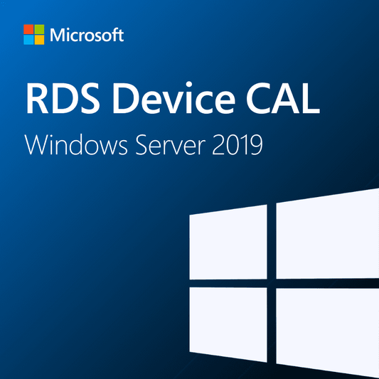 Microsoft RDS Device CAL cover image for Windows Server 2019 with a blue background and white Windows logo