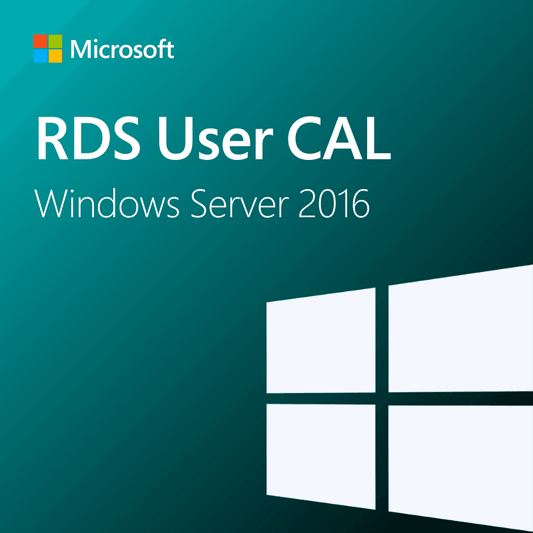 Microsoft RDS User CAL cover image for Windows Server 2016 with a teal background and white Windows logo