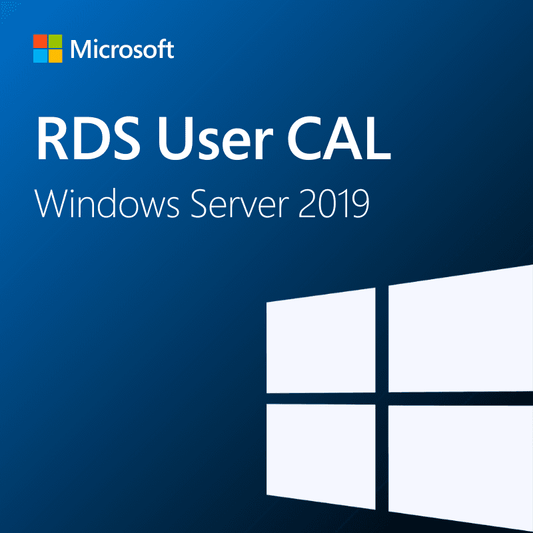 Microsoft RDS User CAL cover image for Windows Server 2019 with a blue background and white Windows logo