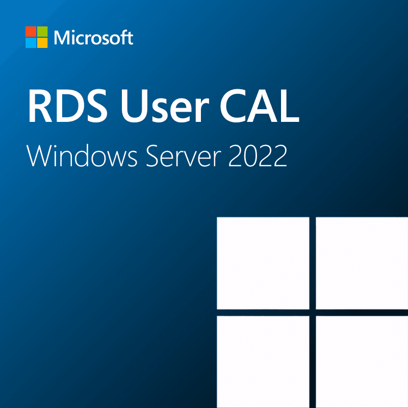 Microsoft RDS User CAL cover image for Windows Server 2022 with a blue background and white Windows logo