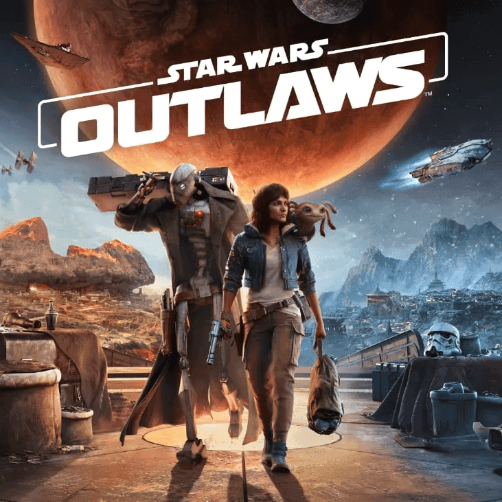 The "Star Wars Outlaws" cover features two characters walking on a desolate futuristic planet under a massive orange moon, surrounded by sci-fi technology and spaceships