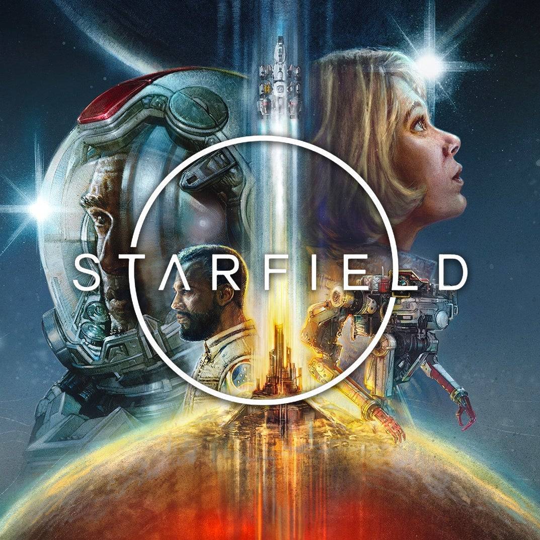 Starfield game cover with two characters, space imagery, a spaceship, a city on an alien planet, and the title in white letters inside a circle