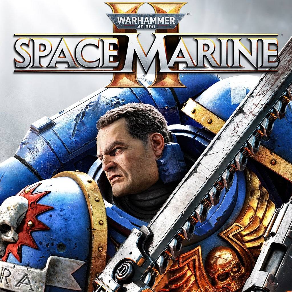 The "Warhammer 40,000 Space Marine 2" cover shows a fierce Space Marine wielding a chainsword, with battle scars in the background, title above