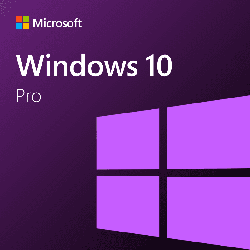 The Windows 10 Pro cover features a purple background with the Microsoft logo, bold "Windows 10 Pro" text, and a large purple Windows logo