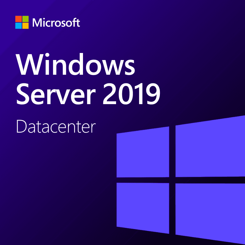 The Windows Server 2019 Datacenter cover has a deep purple background, with the Microsoft logo at the top, white text, and a lighter purple Windows logo in the bottom right