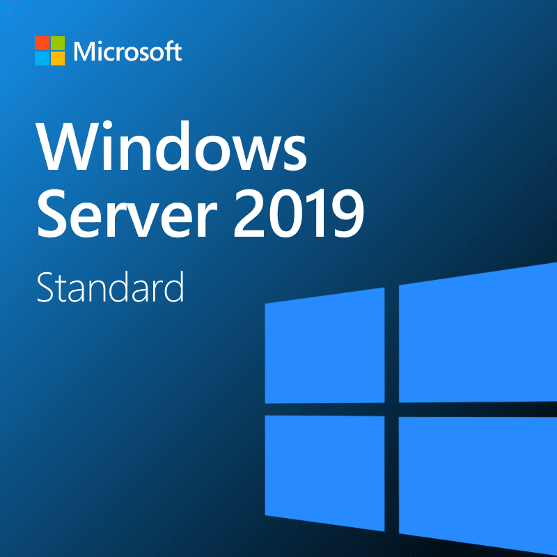 The Windows Server 2019 Standard cover has a blue background with the Microsoft logo in the top left, white text, and a dark blue Windows logo in the lower right