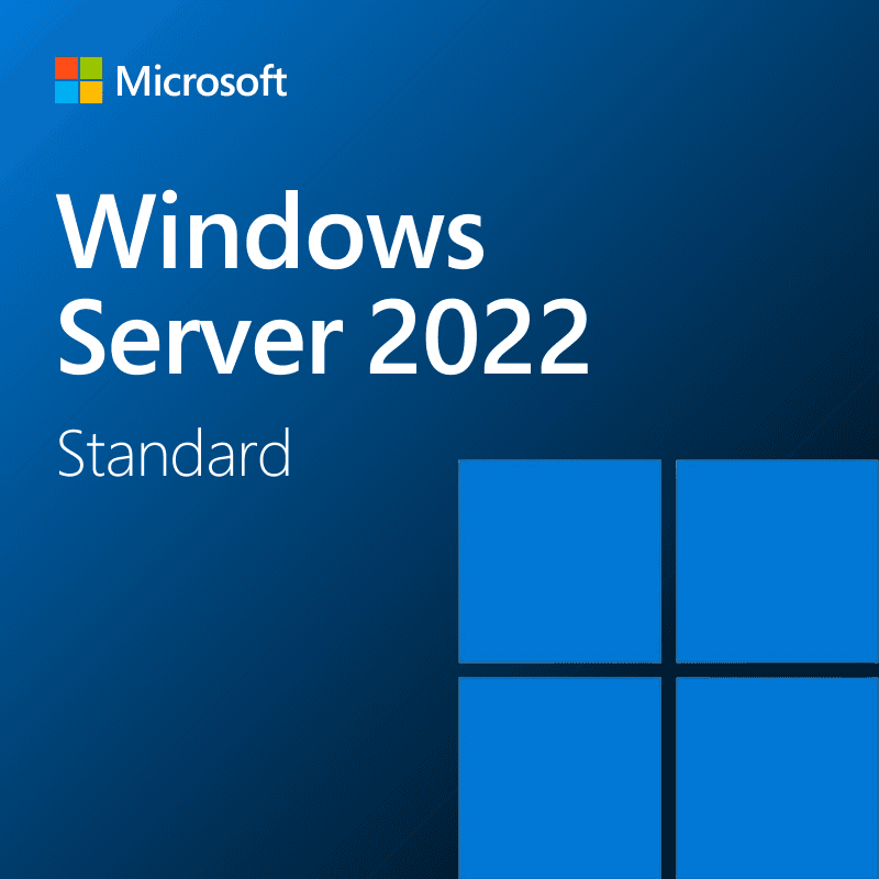 The Windows Server 2022 Standard cover features a blue background, with the Microsoft logo, white text, and a lighter blue Windows logo in the bottom right